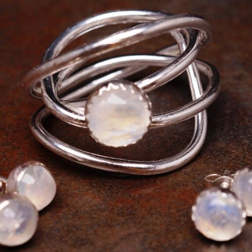 Handmade sterling silver rainbow moonstone chaos ring and rainbow moonstone studs